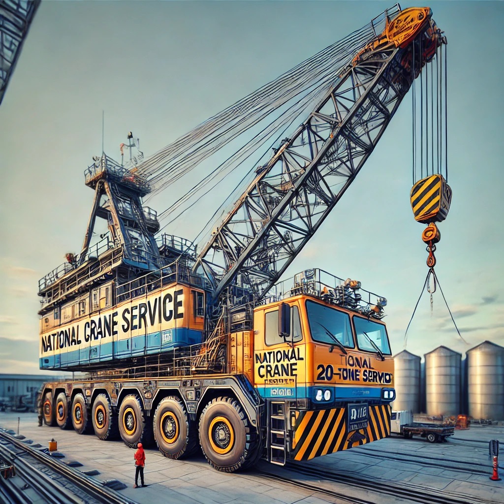 High-definition image of a powerful 20-ton crane with "National Crane Service" branding, lifting heavy materials.