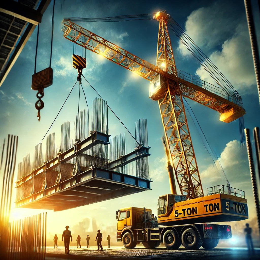 "Powerful 5-ton crane lifting a heavy steel structure at a construction site, operated by professionals with safety gear under a clear blue sky."