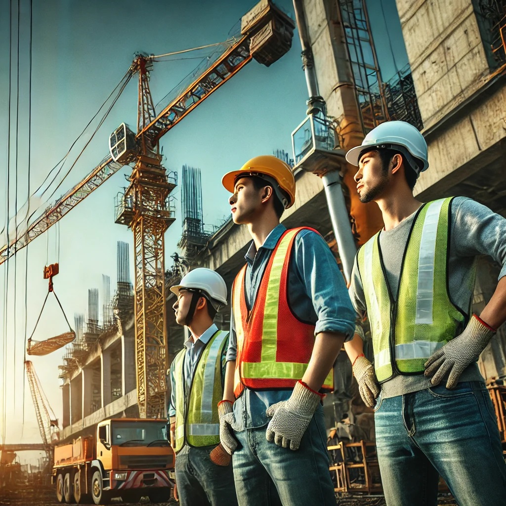 Three professional crane operators managing a heavy-duty crane at a construction site.