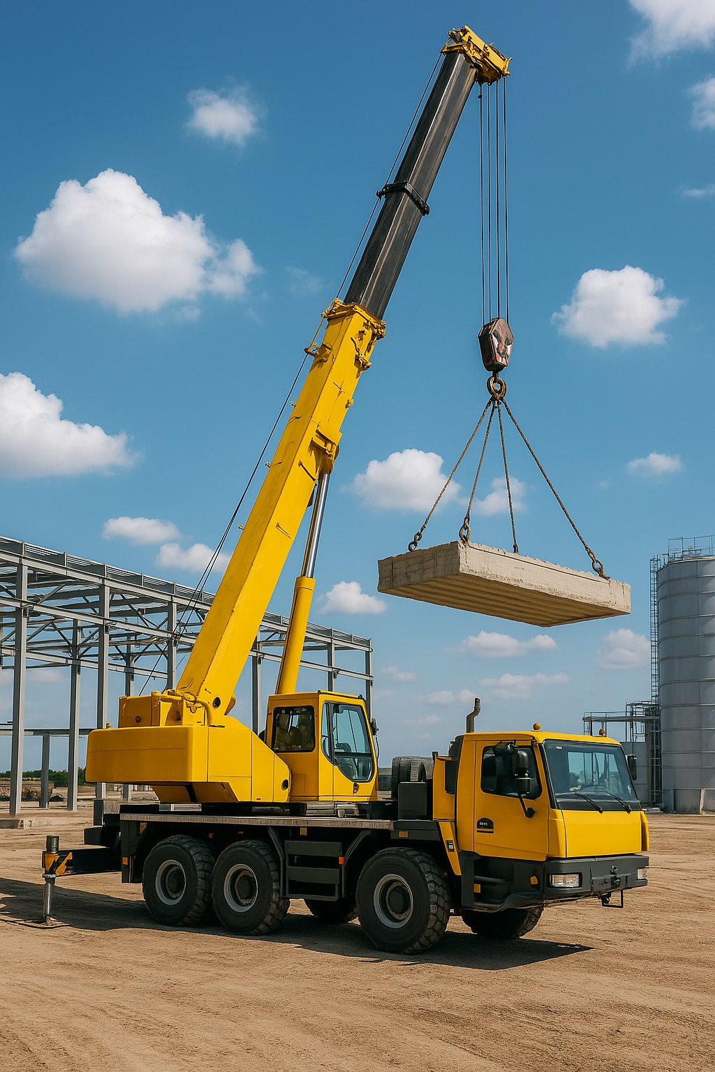 A high-resolution image of a heavy-duty crane lifting construction materials at a worksite, demonstrating precision, safety, and expert lift planning.