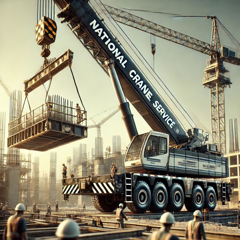 A high-definition image of a powerful rental crane lifting heavy materials at a construction site.