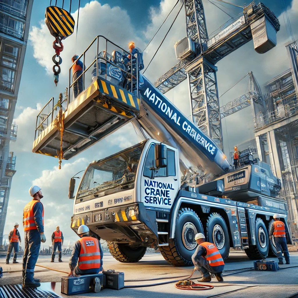 A professional crane maintenance technician inspecting and repairing a heavy-duty crane.
