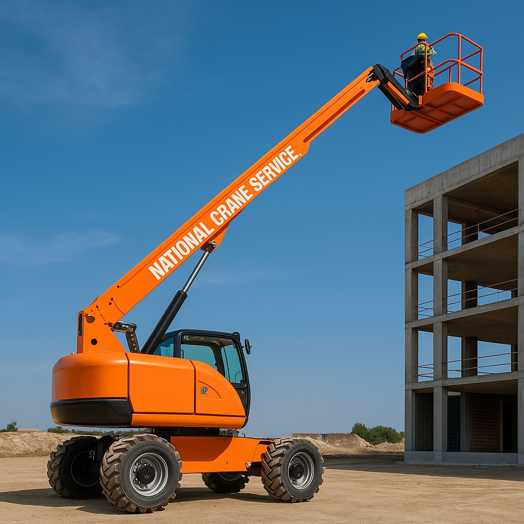Cherry picker in action with National Crane Service branding for elevated work
