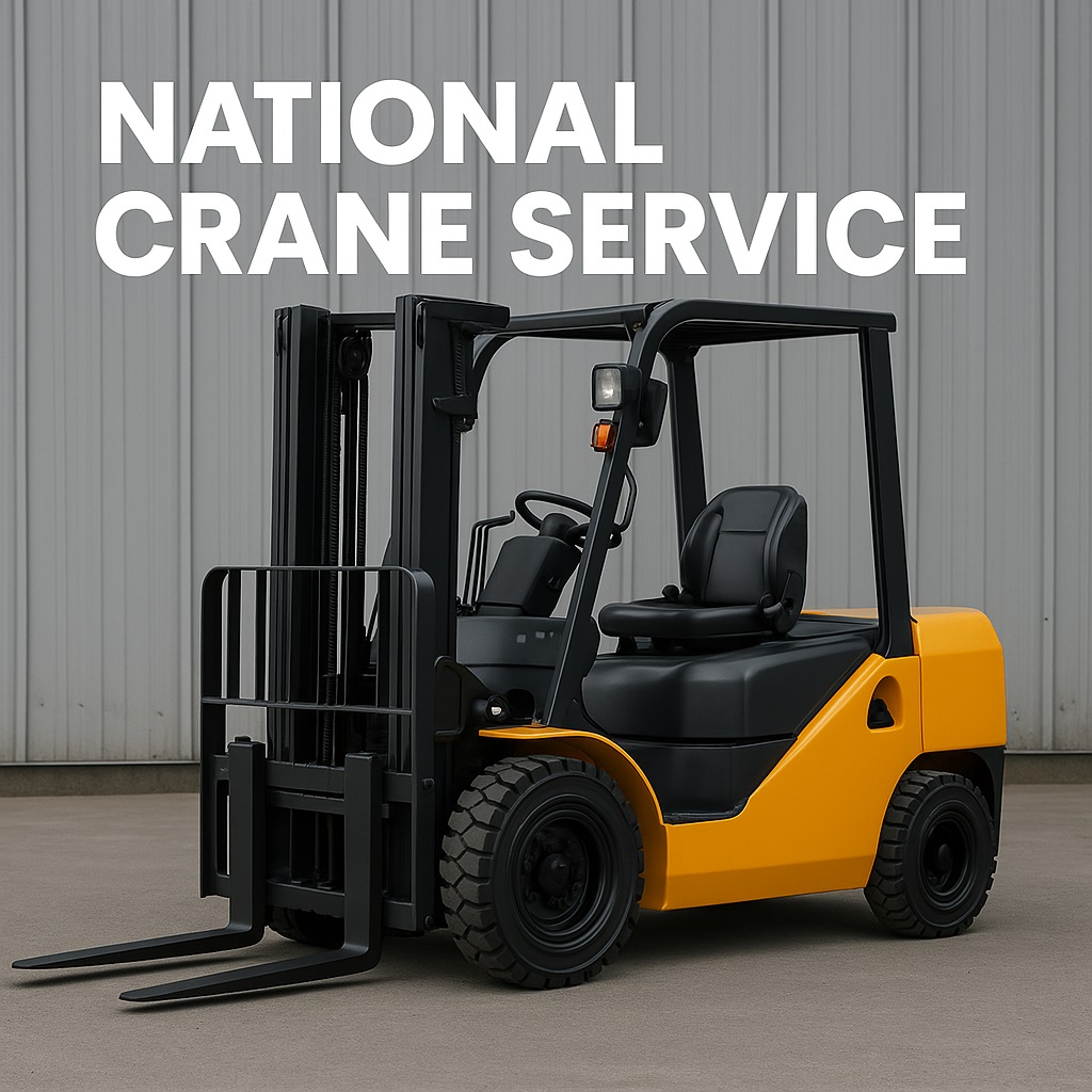 Forklift lifting heavy materials with National Crane Service branding