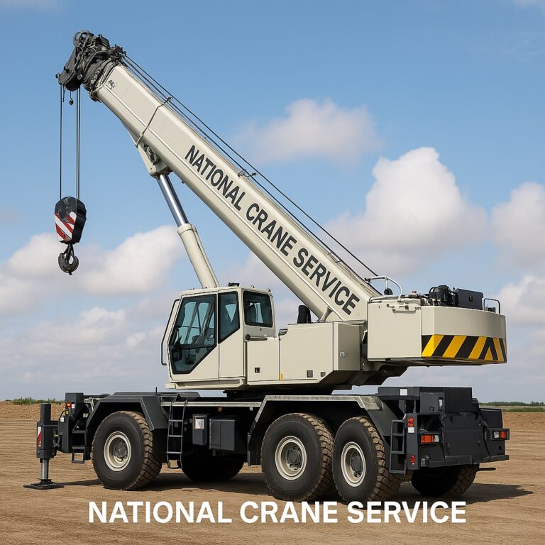 Mobile crane with hydraulic arm at construction site in Pakistan, branded with "National Crane Service".