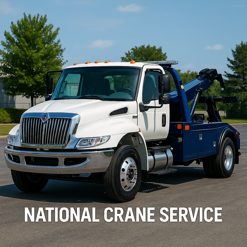 A high-resolution image of a heavy-duty recovery vehicle from National Crane Service, designed for safe and efficient roadside assistance, accident recovery, and towing.
