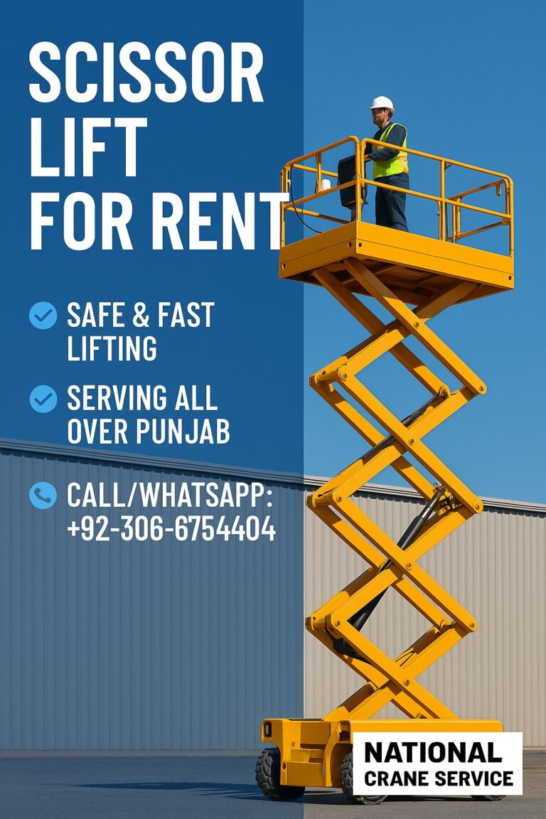 High reach scissor lift in industrial warehouse